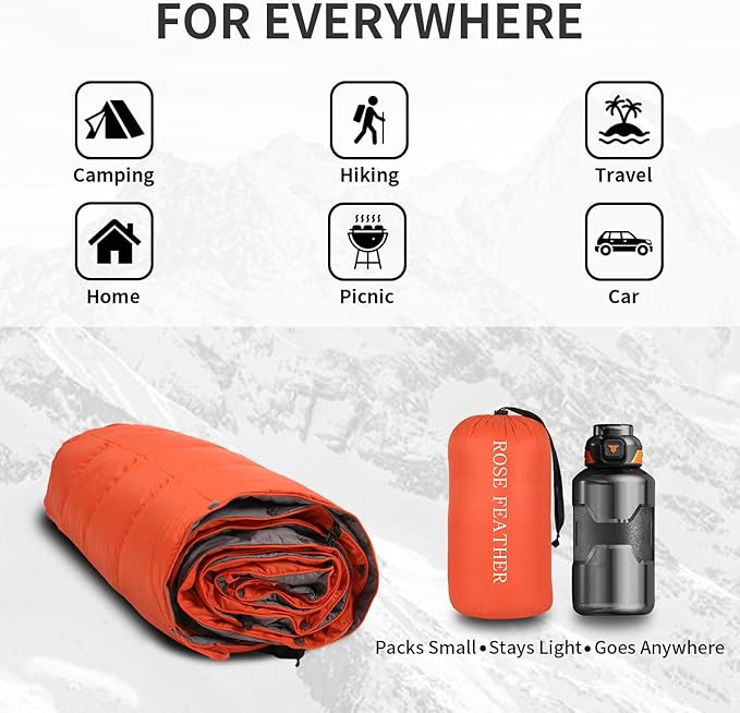 Down Camping Blanket - Lightweight Packable Warm &amp Puffy Outdoor Travel Quilt for Sleep Hiking Backpacking Stadium Festivals Water-Resistant Sleeping Bag 55x79