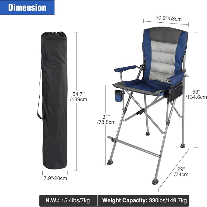 REDCAMP Oversized Tall Camping Chair for Adults 2 Pack Portable High Folding Directors Chair Foldable Bar Height Stool with Side Pocket for Lawn Sport Blue