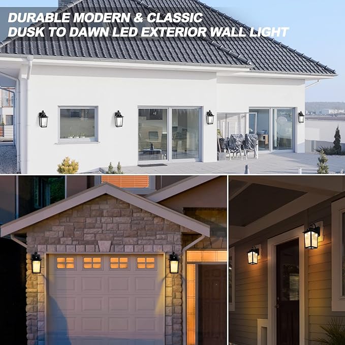 LED Dusk to Dawn Outdoor Lighting - 2 Packs Outdoor Wall Lights for House 13W 3000K LED Outside Porch Lantern Black Exterior Wall Sconce for Garage Doorway Garden 100% Waterproof Anti-Rust