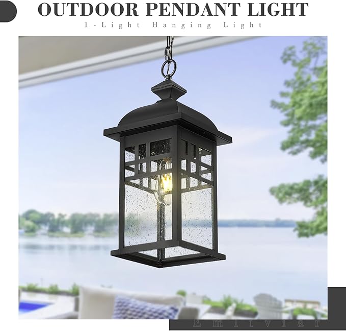 Emliviar 20 Farmhouse Outdoor Pendant Light Large Outdoor Hanging Light for Porch Gazebo Black Finish Aluminum with Seeded Glass Shade DE279H-M BK