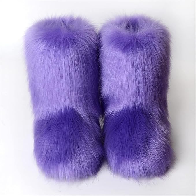 Womens Furry Faux Fur Booties Winter Warm Snow Ankle Boots Fuzzy Fluffy Furry Mid Calf Boots Outdoor Comfy Flat Shoes
