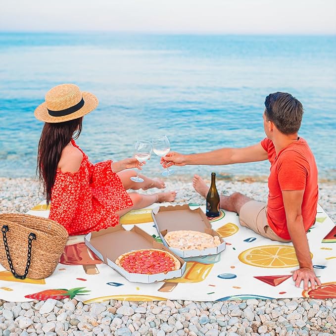 Waterproof Sandproof Beach Blanket 59''×68'' Fruit Polyester Outdoor Picnic Blanket with 4 Stakes &amp Storage Bag for BeachCampingVacation Watermelon