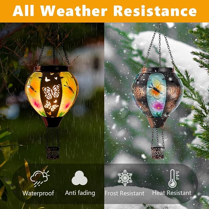 DREAMSOUL Butterfly Hot Air Balloon Solar Lantern Glass &amp Metal Outdoor Lantern Hanging Solar Lanterns Outdoor Waterproof for Garden Patio Party
