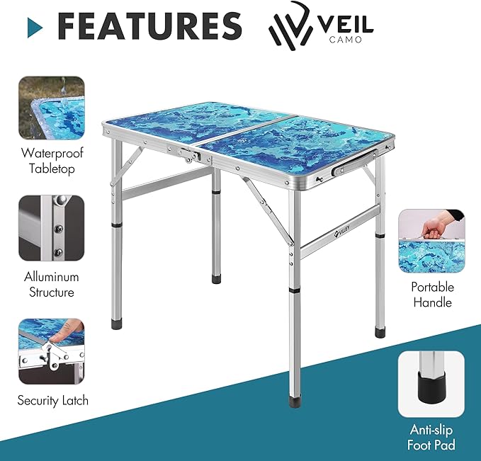 VILLEY Folding Camping Table 2FT Portable Small Picnic Table with Adjustable Height Lightweight Aluminum Foldable Table Small Folding Table with Carry Handle for Outdoor Indoor BBQ Hiking Beach