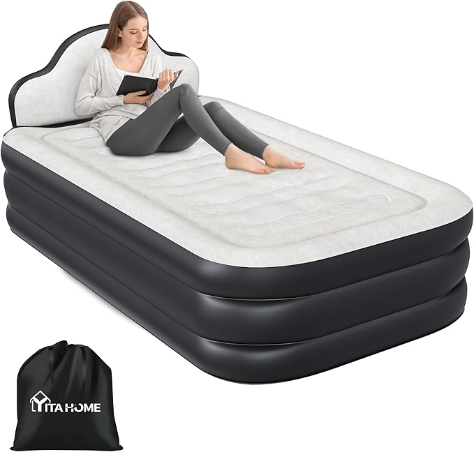 YITAHOME Twin XL Size Air Mattress with Built-in Pump 18in Inflatable Bed with Headboard Blow Up Mattress with Carry Bag and Repair Tools for Guest Travel and Camping Black