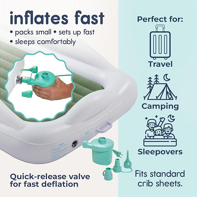 Hiccapop Inflatable Toddler Travel Bed with Safety Bumpers [4-Sided] Portable Toddler Bed for Kids Toddler Air Mattress Kids Air Mattress - Sage Green