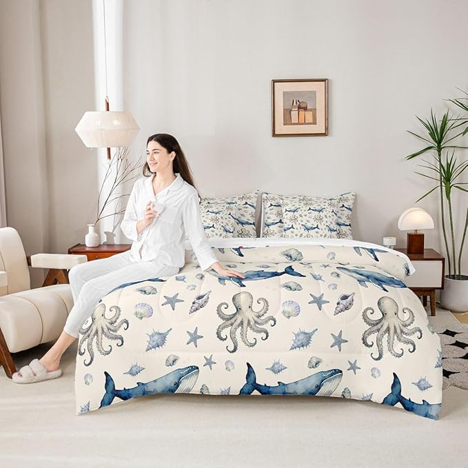 Octopus Whale Comforter Set with SheetsPillowcases &amp Cushion Cover Sealife Sea Animal 7 Piece Bedding Set for Kids Boys Girls Teens Room Decor Ocean Fish Bed in a Bag Twin Size Underwater Microfi