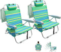2 Pack Low Beach Chair for Adults5 Position Lay Flat Portable Folding Aluminum Reclining Backpack Beach Chairs Heavy Duty with Cup Holder Large Pocket for Outdoor/Lawn/Picnic/Fishing