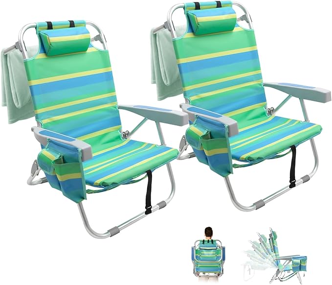 2 Pack Low Beach Chair for Adults5 Position Lay Flat Portable Folding Aluminum Reclining Backpack Beach Chairs Heavy Duty with Cup Holder Large Pocket for Outdoor/Lawn/Picnic/Fishing