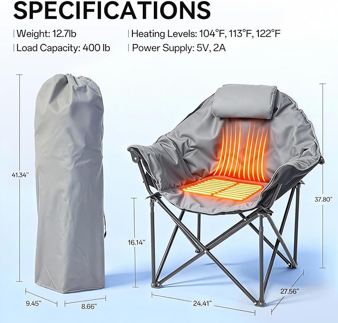Oversized Heated Camping Chair Folding Heated Outdoor Chair with Back &amp Seat Heating Heavy Duty Support 400 lbs Portable Heated Camp Chair for PatioTailgating Picnic Battery NOT Included Gr