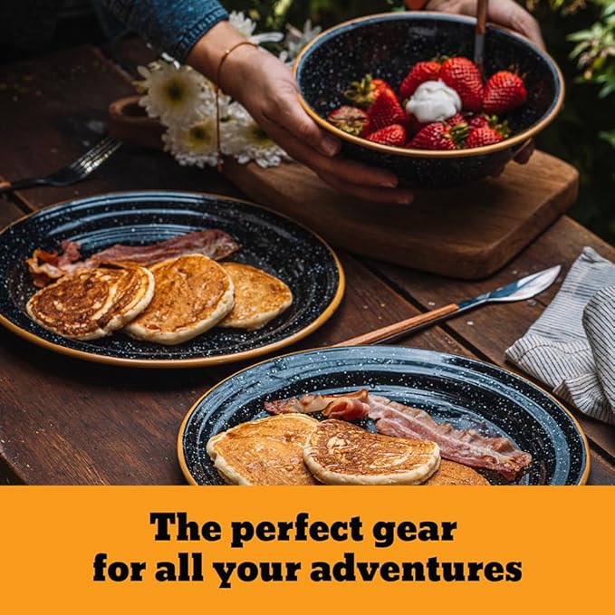 Granite Ware 12-Piece Outdoor Set Enameled Steel Perfect for Camping &amp Picnics - Speckled Black with Color Rim