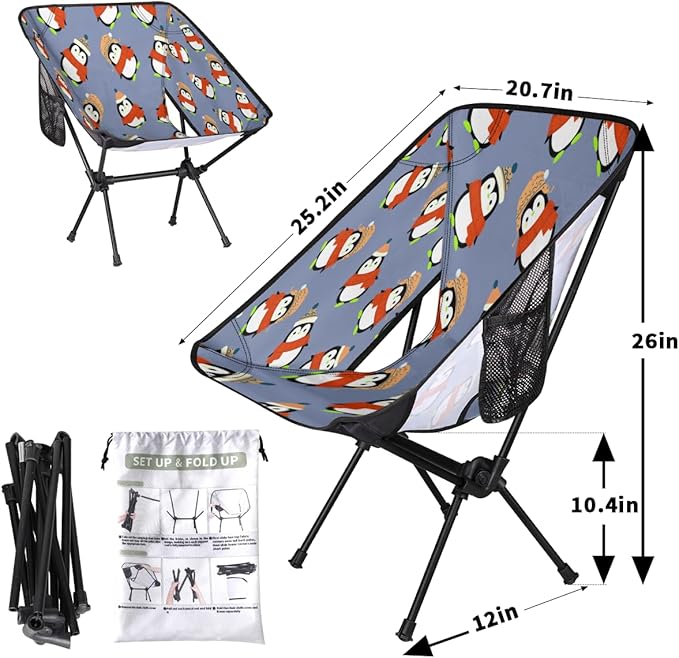 Cute Penguin Pattern Camping Chair Lightweight Portable Chairs for Adults Easy Installation Outdoor Foldable Camping Chair for Camping Fishing Hiking Picnic Beach