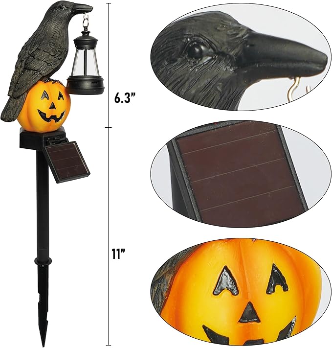 Dazzle Bright 2 Pack Halloween Crow Pathway Lights Outdoor Solar Powered Resin Crow with Pumpkin Walkway Lights Stake Light for Halloween Pathway Garden Lawn Yard Gifts Decoration