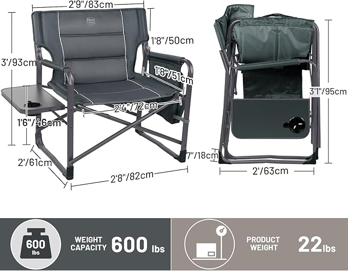 TIMBER RIDGE XXL Upgraded Oversized Directors Chairs with Foldable Side Table Detachable Side Pocket Heavy Duty Folding Camping Chair up to 600 Lbs Weight Capacity (Grey) Ideal Gift 2 Pack