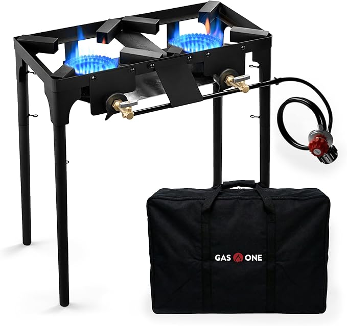 GasOne Double Propane Burner with Carry Bag Adjustable Height 4-Tier Removable Legs for Outdoor Cooking – High Pressure PSI Regulator Camping Accessories Camp Stove – Cast Iron Portable Stove Top