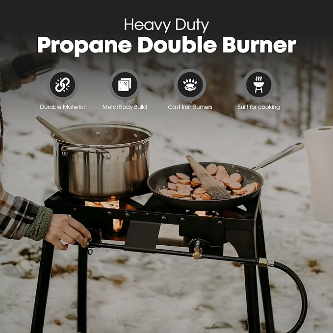 GasOne Double Propane Burner with Carry Bag Adjustable Height 4-Tier Removable Legs for Outdoor Cooking – High Pressure PSI Regulator Camping Accessories Camp Stove – Cast Iron Portable Stove Top