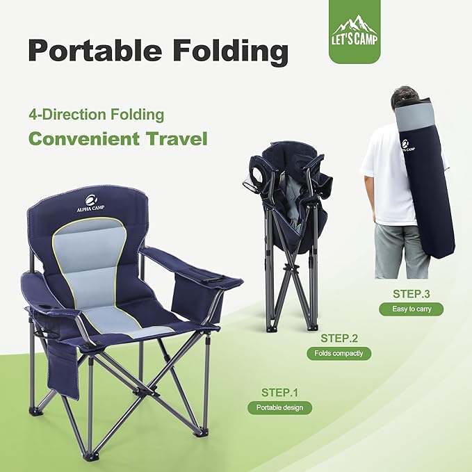 LET'S CAMP Oversized Folding Camping Chair Portable Outdoor Heavy Duty Padded Chairs Lawn Chair with Cup Holder Storage Pocket and Cooler Bag Supports 450LBS for Camp Travel Picnic2 Pack(Blue)