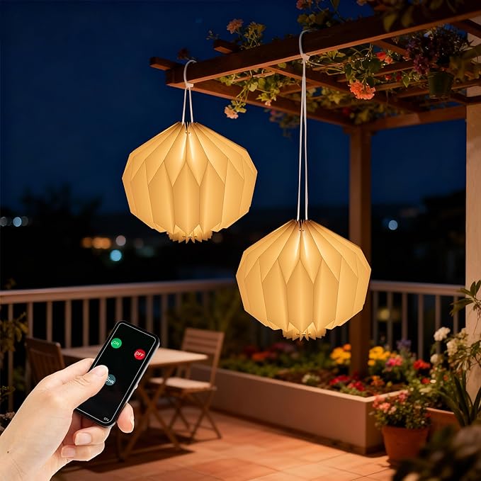 Battery Operated Outdoor Paper Lantern — 2Pack Waterproof Hanging Decorative Light with Remote Timer Foldable Pendant Paper Lantern for Patio Garden Backyard Porch Decor
