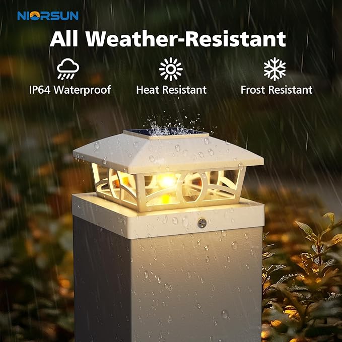 NIORSUN Solar Post Lights Outdoor Fence Post Solar Lights Warm White Outdoor Waterproof Edison LED Bulbs Garden Patio Fence Deck Decor Fence Post Caps 4x4 5x5 Wood Vinyl White 8 Pack