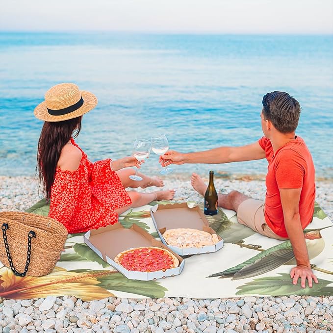 Waterproof Sandproof Beach Blanket 59''×68'' Plant-Hummingbird Polyester Outdoor Picnic Blanket with 4 Stakes &amp Storage Bag for BeachCampingVacation Cyan