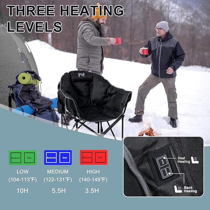 MOPHOTO Heated Camping Chair Portable Heated Camping Chairs Outdoor Padded Oversized Heated Folding Chairs Outdoor Sports Heating Lawn Chair Patio Lounge Chairs for Adults