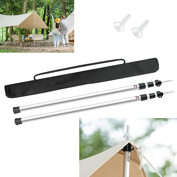 Set of 2 Waterproof Cloth Rod 230CM Telescopic Aluminium Tent Tarp Poles Portable Beach Shelter Tarp Awning Pole Adjustable Telescoping with Rubber Cap for Camping