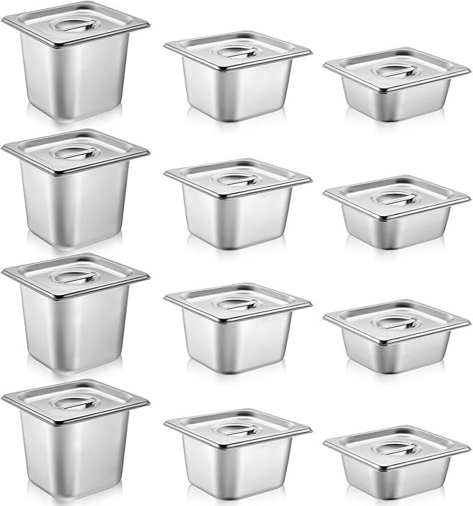 12 Pack Stainless Steel Hotel Pans with Lid 1/6 Size Steam Table Anti Clogging Steamer Restaurant Pans for Buffet Serving Commercial Catering Party 2.5'' 4'' 6'' Deep 6.9 x 6.5 Inch