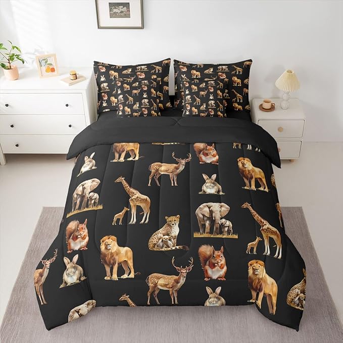 jejeloiu Zoo Animal 7 Piece Bedding Set for Girls Boys Kids Twin Size Cute Giraffe Bed in a Bag Room Decor Cartoon Animal Comforter Set with SheetsPillowcases &amp Cushion Cover Black Brown Microfib