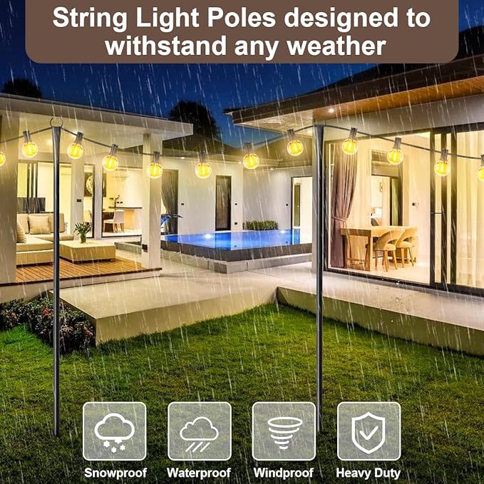2 Pack 10FT Lighting Hanging Pole for Outside Waterproof Hardened Metal Outdoor String Light Poles for Patio Garden Bistro Wedding Parties