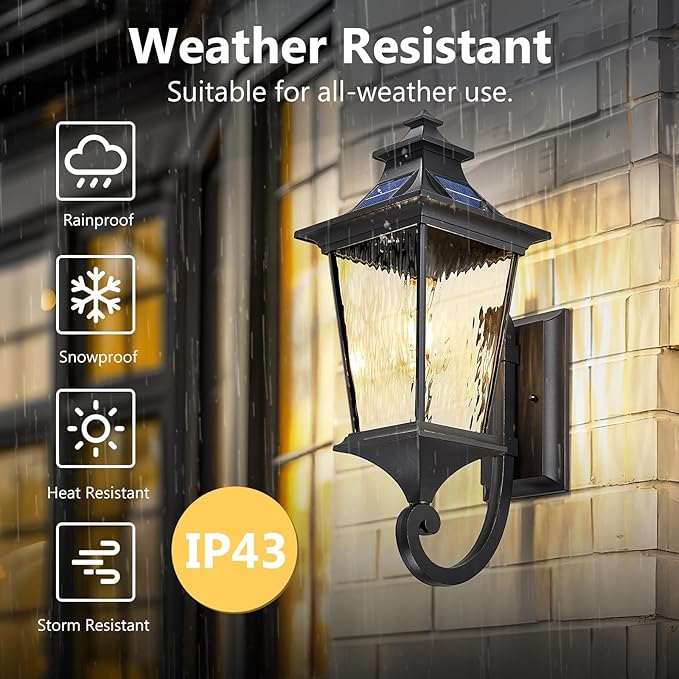 Emliviar Solar Wall Lantern Outdoor Waterproof Outdoor Sconce Light Dusk to Dawn LED Exterior Wall Lighting with Water Ripple Glass Black Finish 500181-SL SW BK