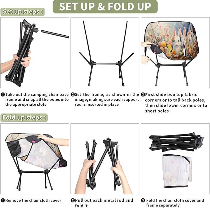 Animal Rabbits Camping Chair Lightweight Portable Chairs for Adults Easy Installation Outdoor Foldable Camping Chair for Camping Fishing Hiking Picnic Beach