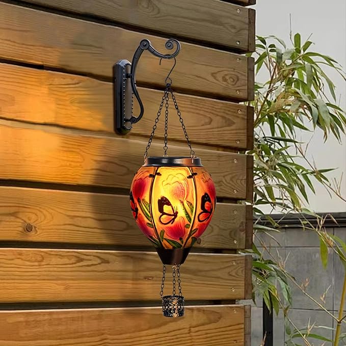 Butterfly Flower Solar Hot Air Balloon Lantern with Flame Glass Balloon Lantern Outdoor Waterproof Lights Hanging Solar Lights for Outside Garden Patio Porch Tree Yard Gift for Mom