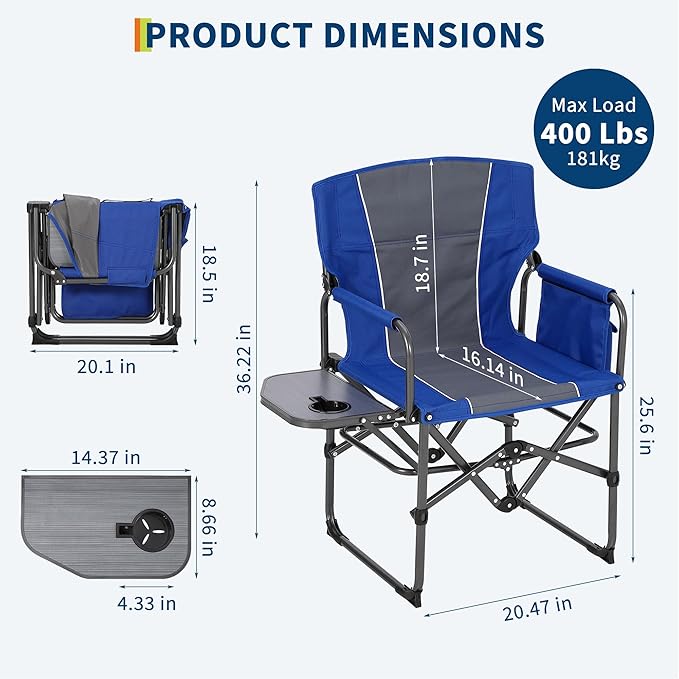 Oversized Camping Directors Chair Portable Folding Lawn Chairs for Adults Heavy Duty with Side Table Outdoor Foldable Camp Chair with Pocket for Beach Fishing Picnic