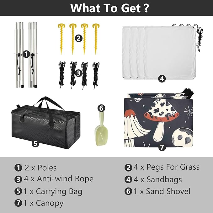 Mushrooms Black Beach Tent Sun Shelter 9.2' x 10.5' Beach Canopy with 4 Sandbags 4 Stability Poles Sand Shovels - Tent Canopy for Beach Camping Fishing Picnics