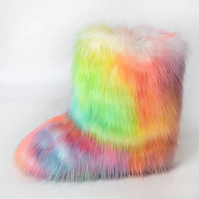 Womens Furry Faux Fur Booties Winter Warm Snow Ankle Boots Fuzzy Fluffy Furry Mid Calf Boots Outdoor Comfy Flat Shoes