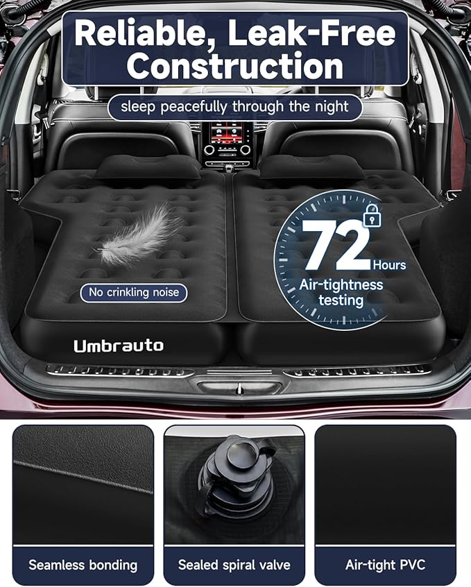 Umbrauto Heavy-Duty SUV Air Mattress w/Quick-Inflate Car Pump| Durable 2-Chamber Inflatable Van Sleeping Bed for Camping &amp Travel Leakproof PVC Flocked Top