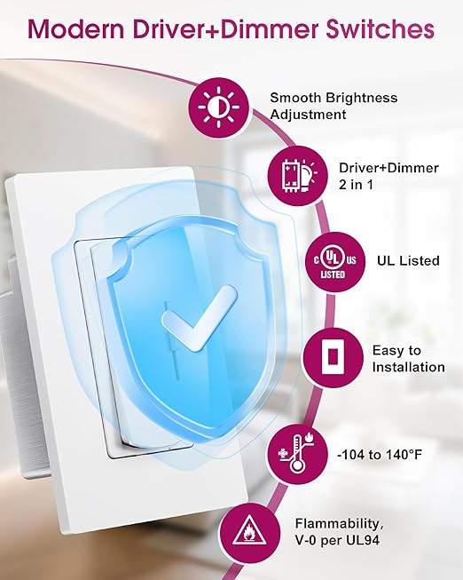 Dimmer Light Switch &amp 24V 160W Dimmable LED Driver 2 in 1 UL Listed Class 2 Single-Pole or 3-Way Slide Dimmer Switch for Led Lights120VAC to 24VDC Power Supply for Low Voltage Project Glossy Wh