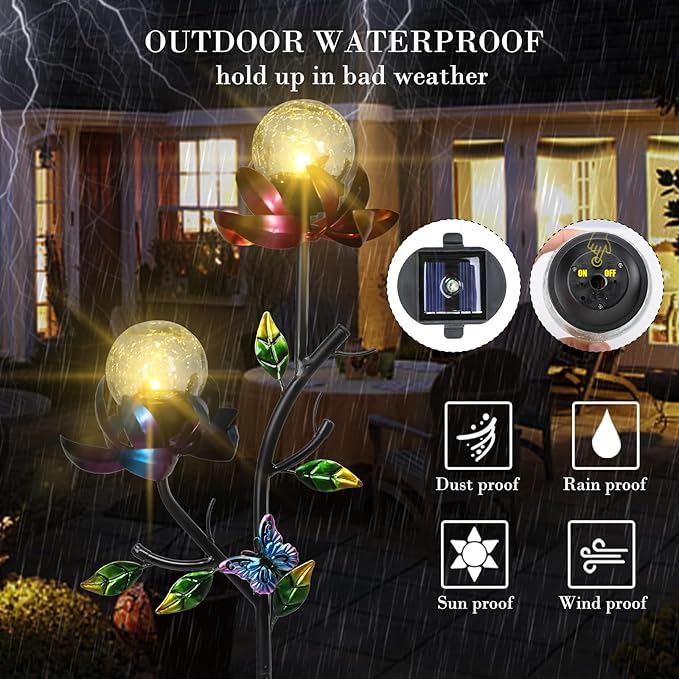 VCUTEKA Solar Garden Flowers with LED Light Crackle Glass Globe Solar Lights Outdoor Metal Stake Wind Spinner for Garden Decoration Patio Decor Yard Decor and Gift for Mother
