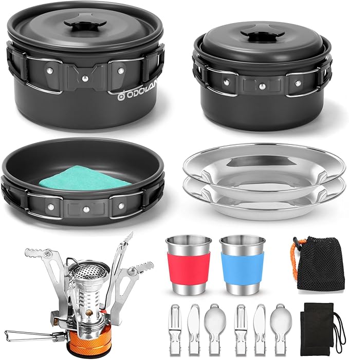 Odoland 16pcs Camping Cookware Mess Kit with Folding Camping Stove Non-Stick Lightweight Pots Pan Set with Stainless Steel Cups Plates Forks Knives Spoons for Camping Backpacking Outdoor Cooking