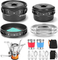 Odoland 16pcs Camping Cookware Mess Kit with Folding Camping Stove Non-Stick Lightweight Pots Pan Set with Stainless Steel Cups Plates Forks Knives Spoons for Camping Backpacking Outdoor Cooking