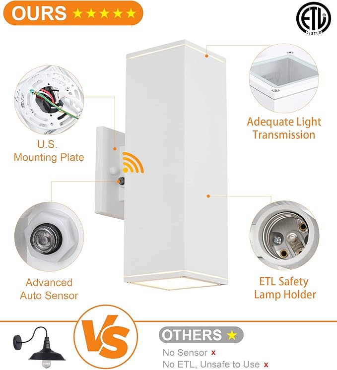 Dusk to Dawn Outdoor Light Fixture 2 Pack Waterproof Outdoor Wall Lights Modern Sensor Ootdoor Porch Light Exterior Lighting Fixture White