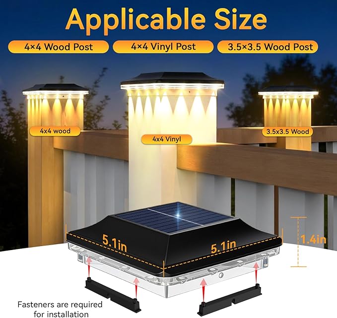 4x4 Solar Post Cap Lights Outdoor Black Deck Post Light Solar Powered for 3.5x3.5 Vinyl/Wooden Post Waterproof 3 Modes(Warm/Cool Light) Solar Fence Light for Garden Patio Porch 6pack