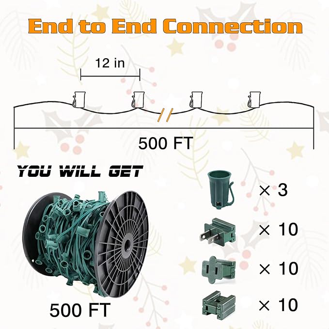500FT C9 Outdoor String Light Stringer E17 Light Socket 12 Spacing C9 Christmas Stringer Set Spool Green Light String for Wedding Patio Event Lighting Decor Green Wire