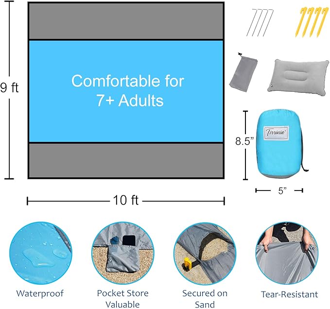 Beach Blanket Sandfree 10x9 ft Extra Large Size Waterproof Sandproof Travel Map for 7 Adults Outdoor Portable Accessories Camping Hiking Mat W/ 7 sand pockets 1 storage Pockets &amp Inflatable Pillo
