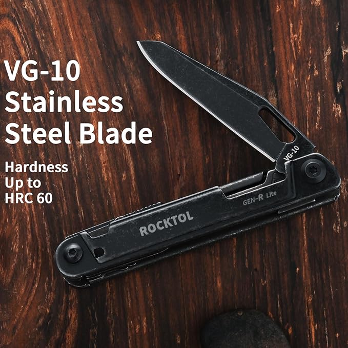 ROCKTOL Multitool Gen-R Lite Retro Black EDC Pocket Knife VG10 Blade Compact 15-in-1 Multi-tool with Screwdriver Large Scissors Glass Breaker Leather Sheath Lightweight for Hiking Camping