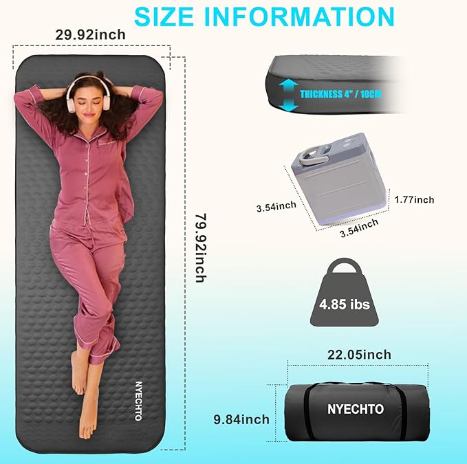 Self Inflating Sleeping Pad with Electric Pump 4 Thick Ultralight Memory Foam Camping Mattress Telescopic &amp Compact Fast Inflate Insulated Camping Air Mats for Car Travel/Tent/Cot Grey