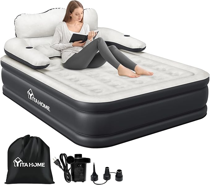 YITAHOME Queen Size Air Mattress with Headboard and Built-in Pump 18in Blow Up Mattress with Carry Bag Repair Kit and Nozzles for Home Camping and Travel