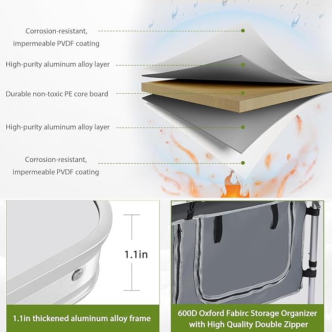 Camping Table Folding Camping Table with Storage Portable Kitchen Table Lightweight 3 Heights Adjustable Camping Furniture for BBQ Picnic Camping Hiking Beach and Indoor