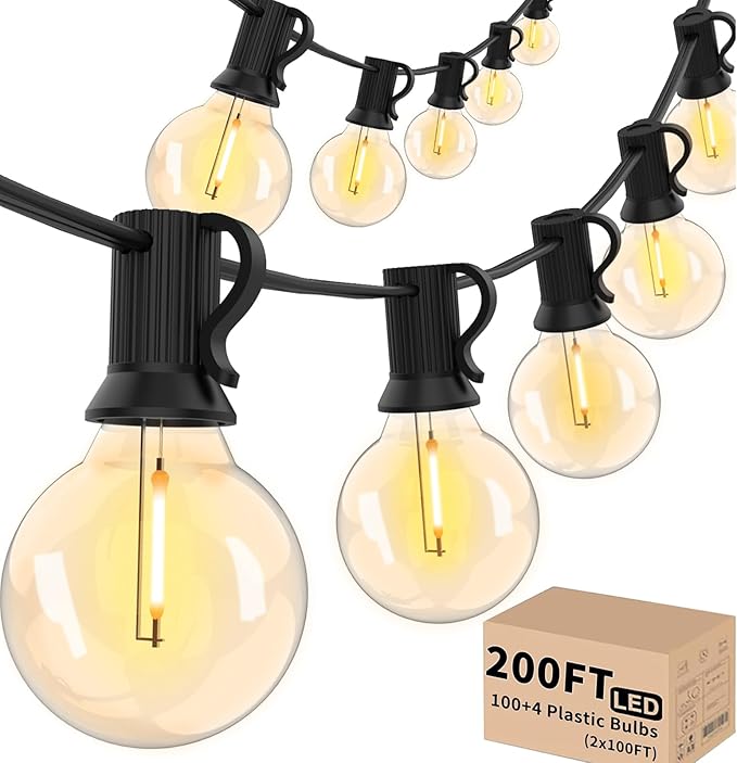 Svater Outdoor String Lights 200 FT Patio Lights with 104 Shatterproof LED Bulbs Commercial Grade Waterproof Plastic Hanging Light for Bistro Backyard Cafe Market Warm White 2700K (2 X 100 FT)