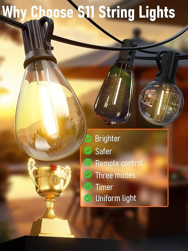 luckystyle 100FT LED Outdoor String Lights with Remote 35+ 1 Shatterproof Bulbs Waterproof and Dimmable Patio Lights for Porch Garden Backyard Deck Balcony 2700K Hanging Lighting
